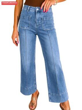 Womens Wide Leg High Waisted Cropped Ankle Stretch Denim Jeans
